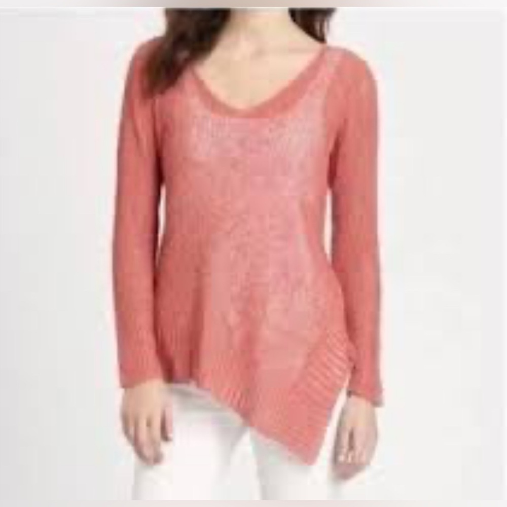 Eileen Fisher V-Neck Asymetrical Loose Knit Sweater in Warm Coral